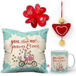 Indigifts You And Me Quote Young Couple Riding On A Bicycle Cushion Cover With Filler, Mug And Heart Hanging Valentine Gift For Girlfriend-Boyfriend 4 Pc , Valentine Day Gift