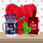 Midiron Gift for Valentine's Day-Romantic Gift for Wife/Girlfriend/Boyfriend/Husband/Fiance|Birthday Gift-Chocolate Bars, Heart Red Cushion, Printed Coffee Mug , Artificial Rose & Love Card