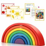 SmartBee Toys Rainbow Stacker with Activty Flashcards | Large Size 7 Piece | Open Ended Montessori Wooden Toys | Stacking and Nesting | Colour Recognition | Age 2-6 | Gift for Toddler Kids Toddler Kids.