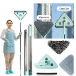 V2H 3 in 1 Wet & Dry Mop Adjustable Long Handle 360 Rotatable Triangle Microfiber Floor Cleaning mop with Glass Cleaner Squeeze Wiper, Wet and Dry Flat mop