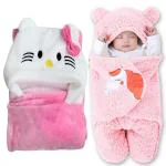 OYO BABY Baby Blankets New Born Combo Pack of Hooded Wrapper Sleeping Bag and Baby Bath Towel for 0-6 Months Babies, Pack of 2- Pink