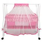 Kiddery Store Ares Baby Cradle with New Improved Mattress Design Mosquito Protection Net All Wheel Lock 0-12 Months Pink