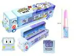 PRAYOSHA ENTERPRISE Metal Bus Compass Pencil Box Cartoon Printed School with Moving Tyers Sharpener and Lipstick Penfor Boys (Blue Color and Lipstick Pen)