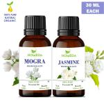 Homeda Mogra and Jasmine Essential Oils Combo for Home Fragrance, Diffuser, Pooja Original, Jasmine Oil 100% Pure for Skin, Face, Hair - 30ml each
