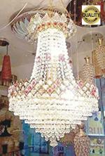 SHRI MAHAL ANTIQUES Round 20W Glass Decorative Metal Crystal Pendant Ceiling Lamp Chandelier Incandescent Bulbs not Included 480mm Golden AC