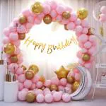 Perfect Party Happy Birthday Decoration Kit 57 Pcs Combo Pack - Happy Birthday Cursive Banner, Silver Foil Moon Balloon, Golden Foil Star Balloon, Golden Confetti Balloons, Golden Chrome Balloons, Pink Pastel Balloons