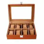 Leather World 8 Slots PU Leather Men Watch Box Acrylic Display Glass Organizer Case Women Storage Jewellery - Tan