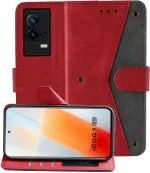 Autofocus Faux Leather Back Case Flip Cover for IQOO 9 5G with ID Card Slot | Foldable Stand | 2 Card Slot | 1 Cash Slot | Magnetic Closure - Executive Red, 22704