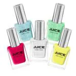 JUICE | ONE COAT | NAIL PAINT COMBO | GHOST WHITE - P01, GLORIOUS SKY - P05, SPRING GREEN - P07, FLAMENCO RED - 11, BUTTERFLY YELLOW - 77 | LONG LASTING | 11ML EACH | PACK OF 5