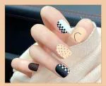 Secret Lives Acrylic Press on Nails Designer Artificial Nails Extension Matte Peach Brown Black and White Black Polka Dot 24 pcs Set with Glue Sheet