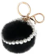 IACCESSORIES Fluffy Soft Faux Fur Pearl Pom Pom Keychain - Black Key Ring Charm for Trendy Bags, Cars, Scooters, Bikes, and Home Keys