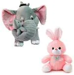 LVS TOYS - Grey Elephant Mother Baby & Sitting Rabbit Soft Toy for Kids, Children & Girls Playing Teddy Bear in Size of 40 & 26 cm Long