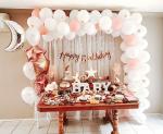 SpecialYou.in Rose Gold DIY Birthday Decoration Items for Girls with White Net Curtains Backdrop, Fairy Lights, Rose Gold, Silver Balloons, Silver Moon and Rose Gold Star Foil Balloons- Set of 73 Items