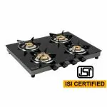 STEELWOOD Built-in Glass Hob 4 Burner Auto Ignition Top Double Ring Brass Gas Stove (BLACK)