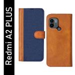 Knotyy Redmi A2 Plus Blue and Brown Faux Leather Back Cover Flip Cover (Pack of 1)