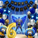 House of Banter Batman superhero Theme Birthday Decoration Set for Kids Birthday- 69Pc - 60 Balloons, 2 Blue Curtains,6th Birthday Celebrations ( Bat superhero Birthday Theme Decorations for Boys / Kids Party / Adults )