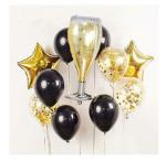 Festiko 11Pcs Set Big Wine Cup, Whiskey, Black Gold Stars, Latex Foil Balloons Decoration
