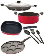 NIRLON Non Stick Coated Aluminium Set of Appam-12 Cavity, Grill Pan-24.5 cm, Casserole-22 cm, Uttapam-7 Cavity and 3 x Spoon (Pack of 7)