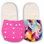 Deedry Oeko-Tex Certified Unisex Baby Cloth Diapers Washable & Reusable Diapers with Adjustable Snap Buttons 3 Months- 3 Years 1 Pink & 1 Print Diaper+ 2 Inserts/Pads
