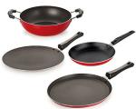 Nirlon 4 pcs of Red and Black Non-stick Kitchen Cookware Essential Set, Standard
