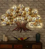 SMAART CRAAFTS Golden Banyan Tree Wall Art Metal Wall Décor With Led - Premium Design Wall Hanging for Living Room and Bedroom - Anti Rust Powder Coated - Size 58 in x 48 in