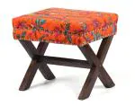Ikiriya Rosslyn Solid Wood Ottoman| Pouf Stool in Bird Print Orange Ethnic Kantha fabric