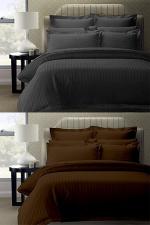 VORDVIGO Combo Pack of 2 Stripes 300 TC Double Bedsheets with 4 Pillow Covers | Super Soft Microfiber Stripes Bed Sheets for Double Bed | Premium Breathable Bedsheets for Bedroom Living Room, 90 x 90 Inches, Color- Grey & Brown