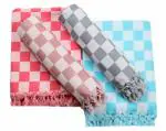 Tharunsha Elite Hand Weaved 100% Pure Cotton Bath Towel for Men and Women / Checkered Bath Towels (Pink Biscuit Grey Blue) Set of 4 Size 30 x 66 inch (76 x 167cm)