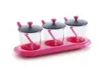 GRECY Multipurpose Dry Fruits-Chutniey-Achaar-Mukhvash Dining Stand 3 Pcs Of Container With Unbreakable Transparent Body Pink (Plastic)