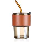 MUAC Glass Tumbler with Lid, Straw and Protective Anti-Slip Leather Sleeve for Hot and Cold Beverages Tea Coffee Travel Mug Smoothies Fruit Juice (435ml, 1 Piece) (Amber)