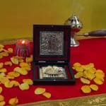 pujaNpujari Silver Plated Radha and Krishna Photo Frame with Shubh Labh Charan Paduka for Pooja Room, Return Pooja Gift Box Set