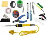 Fadman Yellow, Black 15 In 1 Soldering Iron Kit, Solder Wire, Paste, Stand, Wick, Cutter, Sponge, Tape, Bit, Pump, Tester, Tweezer, 2In1 Screw Driver, Glue Gun, Glue Sticks (Set Of 15)
