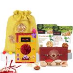 Rakhi Gift combo of California Almond 500g, Premium Cashew 500g, Saffron 0.5g, with Rakhi, Roli and Chawal, in Beautiful Jute Potli