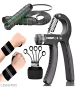 FRIEND'S MART Worldfit Combo of Weight Lifting Wrist Support/Supporter Starp Hand Band with Thumb Loop & Adjustable Hand Gripper/Grip & Forearm Finger Gripper/Grip Exerciser Streacher & Jumping/Skipping Rope-Black