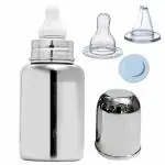 PGD Plain Silver Stainless Steel Baby Feeding Bottles, Mirror Finish with Plastic Travel Cap, Silicon Sipper and a Nipple (0-24 months) - 150 ml