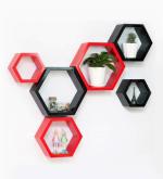 FLEURS DE ROCAILLE l Wooden Red And Black Hexagon Shape Wall Shelf Set Of 6