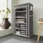 Eco Shopee 5 Fancy Layer Collapsible Wardrobe Almirah Portable Cloth Rack Foldable Cupboard for Clothes Storage Organizer Shelves Non Woven Fabric and PP Plastic Storage Unit (Self Assemble) (5L , Grey)