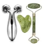 ShopiMoz 3D Manual Roller Face Body Massager With Anti Aging 100% Natural Stone Jade Roller, Gua Sha Facial Roller Massager for Face Eye Neck Foot Massage- (Multi Color