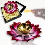 Lamina Set of 5 Lotus Shaped Large Size Brass Decorative Diya (6inch Pink Petals)