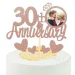 Zyozique Rose Gold Glitter 30th Anniversary Cake Topper with Diamond Ring Heart Cake Decorations Set for 30th Wedding Graduations, Retirement Company Celebration Party - Pack of 5