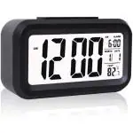 ROMJ Digital Table Alarm Clock Calendar Snooze with Automatic Sensor Light Smart Battery Operated Date and Temperature Indoor Multifunctional Bedside Alarm Clock for Heavy Sleepers Students, Loud Study Table Watch, Home and Office (Black)