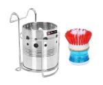 BLUE WONDER Stainless Steel With Stand Cutlery Holder Racks With Kitchen Cleaning Sink Brush and (Multicolour, Pack of 2)