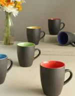 LA TABLEWARE Matte Black Coffee Mug, multi colored inside, 320 ml (Set of 6)
