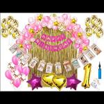 SV Traders 1st Birthday Decoration Special For Baby Girl Combo-107 Pcs