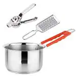 IDEAL PRIME Rust Proof Stainless Steel Saucepan 1 liter Induction Bottom Cheese Grater Lemon Squeezer Combo Steel Milk Tea Pan Tapeli Kisni Lemon Press Kitchen Tool Pack Of 3