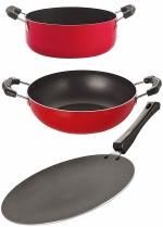 Nirlon Red Non-Stick Aluminium Roti Tawa, Kadhai & Casserole Set 3 Pieces, CT11_KD14_CS20
