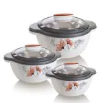 BLUBEL Glaze Brown Jr Inner Stainless Steel Casserole Set With Transparent Lid Pack of 3 Thermoware Casserole Set (500 ml, 800 ml, 1200 ml)