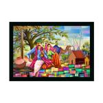 Dharvika Innovations Design 7 Synthetic Rajasthani Village Modern Art Painting Sparkle Coated Home Decorative With Frame, 14 X 20 Inch