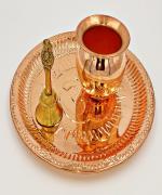 SHLINCO SHLINCO Copper Puja Thali Beautiful Curved Nakshi Design Copper Puja Plate (24.5 cm Size no.- 10) ; Copper Lota ; Brass Puja Bell for Home Mandir and Festival Copper, Copper, Brass (3 Pieces, Brown, Gold)