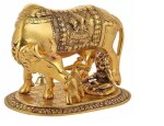 Metal gold polish Kamdhenu Cow With Laddu Gopal & Calf Statue, Decorative Showpiece - 15 cm (Metal)
